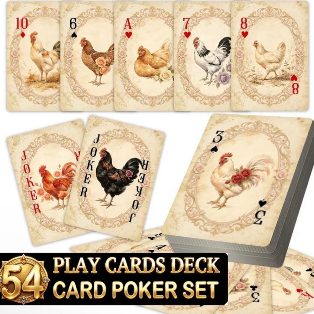 Vintage Style Chicken Rooster Playing Cards Deck 54 Card Poker Set Farmhouse